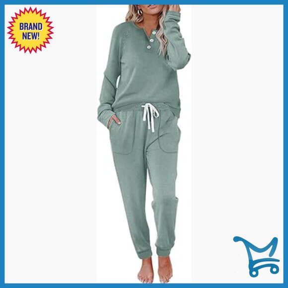Women's Loose Fit Sweatsuit Set with Pockets Button Down Top Drawstring Pants